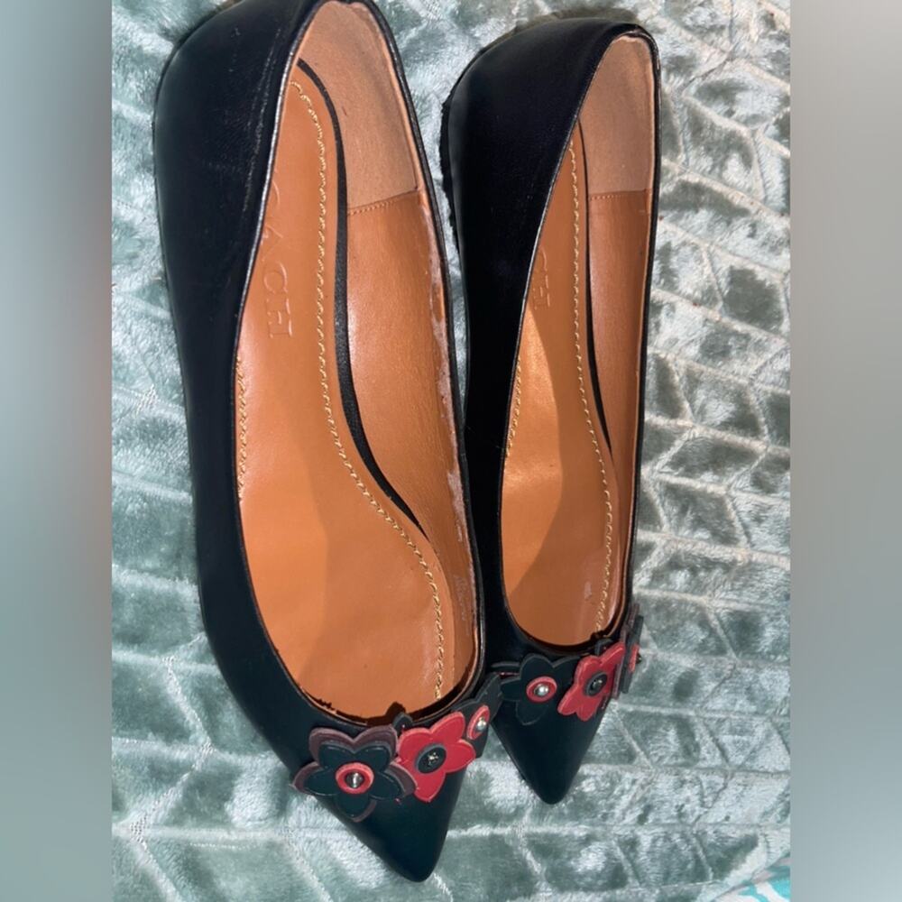 Coach 3D Leather Tea Rose Applique Pointed Toe Twee Flat Rehab Project GUC 7.5 - Picture 3 of 13